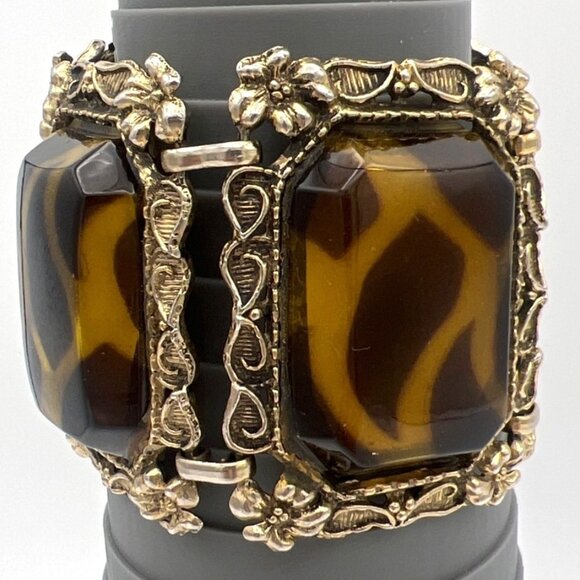 Vintage Animal Print Chunky Bracelet Lucite Brown Gold Cabochons Gold Tone  READ - Picture 2 of 11